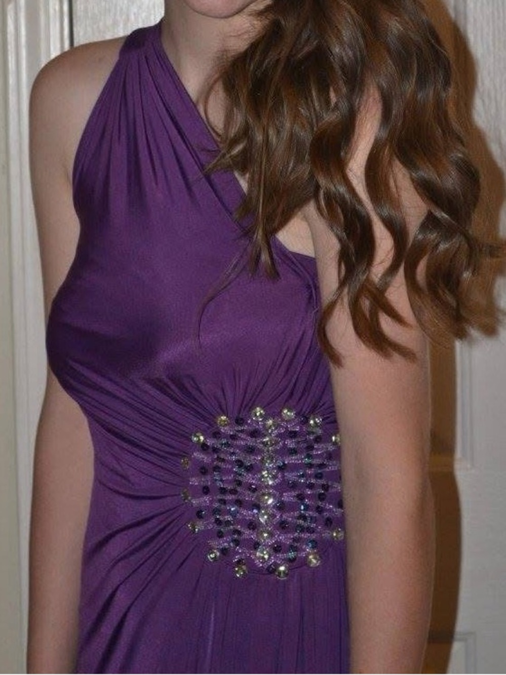Purple One-Shoulder Evening Dress with Beaded Waist